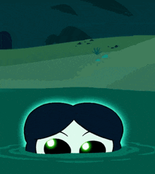 a cartoon drawing of a skeleton in the water with green eyes