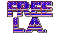 a sign that says free la in red white and blue letters