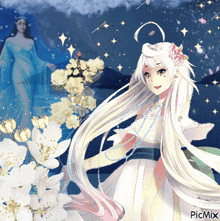 a picture of a girl with long white hair and the words picmix on the bottom right