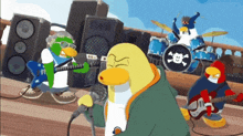 a group of penguins are playing instruments and one has a skull and crossbones drum set