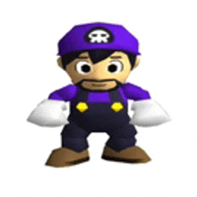 a 3d cartoon character wearing a purple hat and overalls .