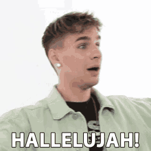a man in a green jacket is making a surprised face and saying hallelujah !