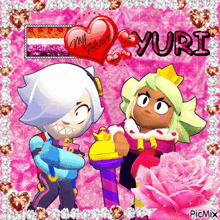 a couple of cartoon characters standing next to each other on a pink background with yuri written on the bottom