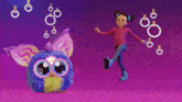 a blue furby and a girl are dancing together