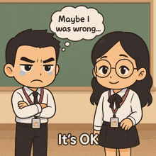a cartoon of a man and a woman with a speech bubble that says maybe i was wrong
