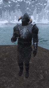 a man in armor with horns stands in front of a body of water