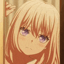 a girl with blonde hair and purple eyes is peeking out from behind a curtain
