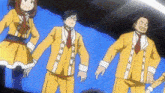 a group of anime characters in yellow suits and ties are standing next to each other .
