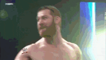 a man without a shirt is standing in front of a wwe logo