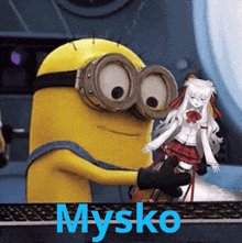 a picture of a minion holding a doll with the word mysko on it