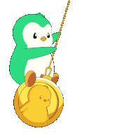 a green and white penguin is holding a gold coin