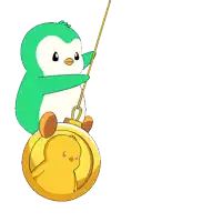 a green and white penguin is holding a gold coin