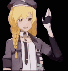 a girl with blonde hair wearing a hat and gloves is waving her hand