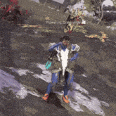 a video game character named flowering gravetender is standing in the snow
