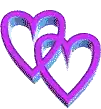 two purple and blue hearts are connected by a ribbon .