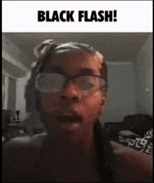 a woman wearing glasses and a headband is making a funny face and the caption says black flash !