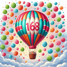 a hot air balloon with the number 168 surrounded by lollipops