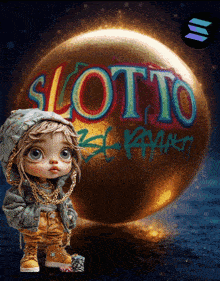 a little girl is standing in front of a golden ball with the word lotto written on it