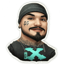 a sticker of a man with a beard and a tattoo on his face that says df