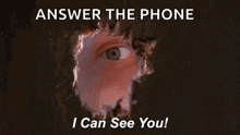 a person 's eye is looking through a hole in a wall with the words `` answer the phone i can see you '' .