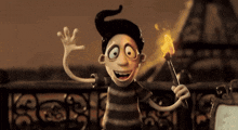 a cartoon character is holding a torch and waving at the camera