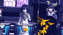 a group of anime characters standing around a drum set .