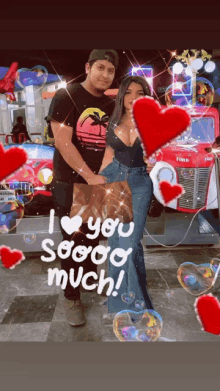 a man and a woman standing next to each other with the words " i love you sooo much "