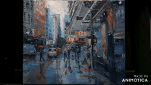 a painting of people walking down a city street is made in animatica