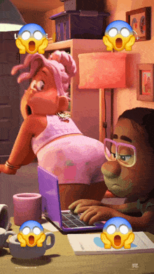 a cartoon of a woman using a laptop with a surprised look on her face