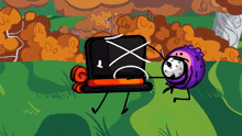 a cartoon drawing of a black object with an x on it 's face