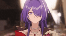 a girl with purple hair and blue eyes is wearing a necklace and a jacket .