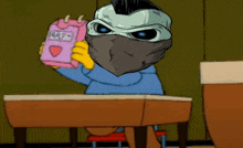 a cartoon character is sitting at a desk holding a pink box that says ' milk ' on it