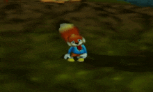 a cartoon squirrel is standing on top of a grass covered field .