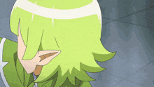a girl with green hair and elf ears looks down