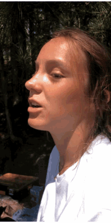 a close up of a woman 's face with a blurred background