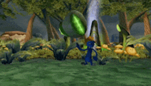 a blue cartoon character is holding a green plant in a video game .