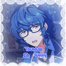 a picture of a boy with blue hair and glasses with the name tsumigi on it
