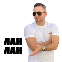 a man wearing sunglasses and a white shirt has the word lah on the bottom right
