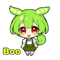 a drawing of a girl with green hair and the word boo underneath her