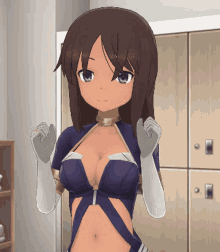 a girl in a blue top and white gloves