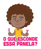 a cartoon of a boy holding a knife and fork with the words o que esconde essa panela