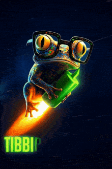 a frog wearing glasses is flying through the air on a green object