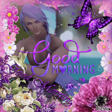 a picture of a mermaid surrounded by flowers and butterflies with the words good morning