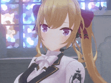 a girl with blonde hair and purple eyes is wearing headphones