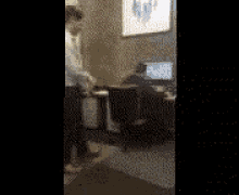 a blurry picture of a man standing next to a woman sitting at a desk .