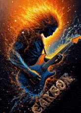 a poster of a man playing an electric guitar with the word scargor written below him