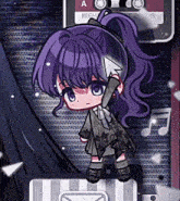 a little girl with purple hair is standing in front of a cassette tape that says a night