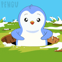 a cartoon penguin is sticking its head out of a hole with the word pengu on the bottom