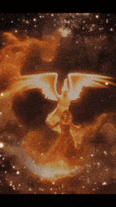 a woman in a red dress is surrounded by flames and a phoenix with wings .