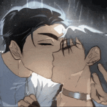 a couple of men kissing in the rain with their eyes closed